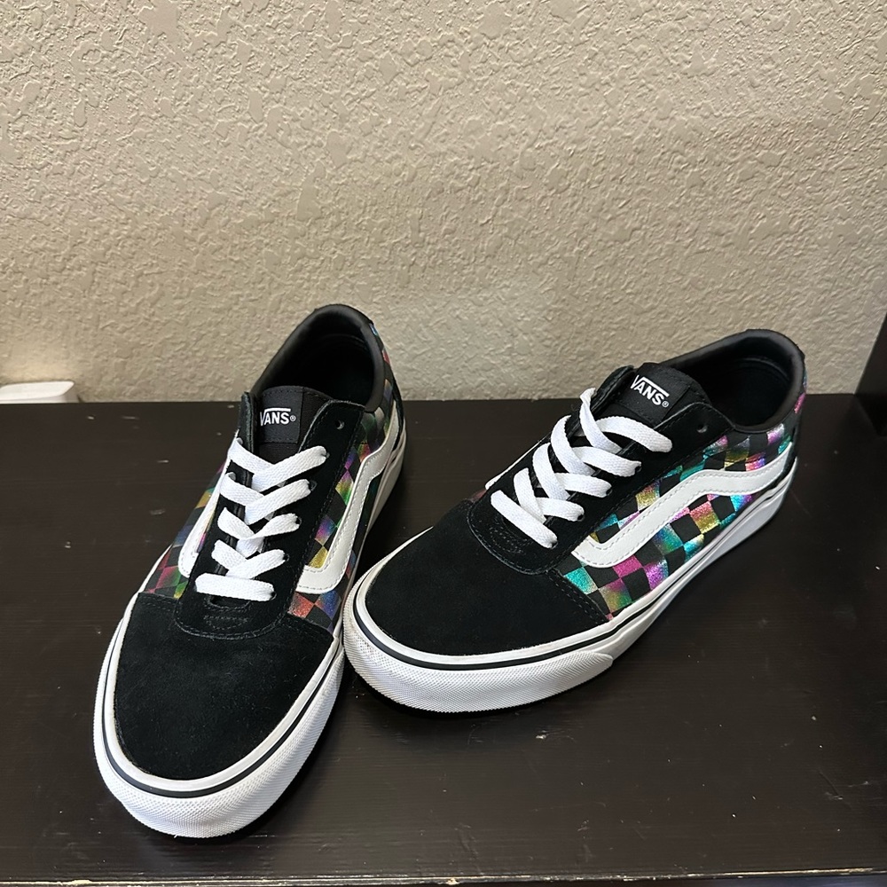 Women’s Suede and Metallic Rainbow Checker Vans